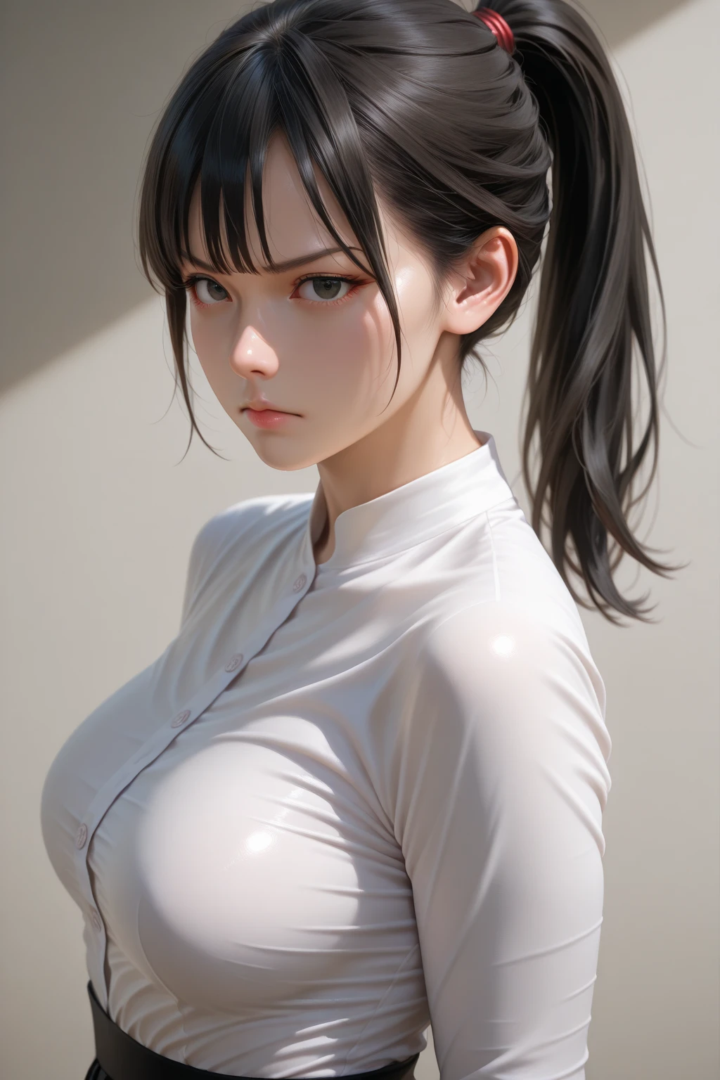exposing your navel，Anime girls，Black hair，High ponytail，Blushlush，is shy，Sweat soaks clothes，Clothes translucent，The carcass looms，track suit，Expose the lower half of the breast，Poor milk，A breath comes out of the mouth，Black pupils，quadratic element，Animate，tear-mole