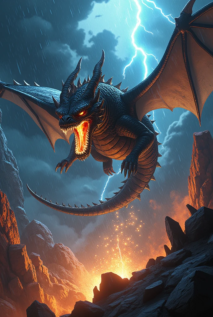 3D wide angle anime picture black dragon golden eyes flying on sky black clouds rain lightning aggressive destruction buildings destruction