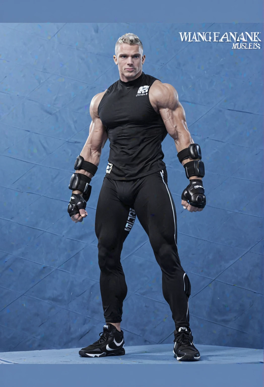 Man with robotic legs, Very detailed prostheses, Metal prostheses, realistic prostheses, corpo atletico, detailed muscles, corpo peludo, masculino, Cabelo, cabelo blondie, rosto sorridente, olhos azuis, Saqueira, Ambiente da academia, fotografia, Ultra realista
