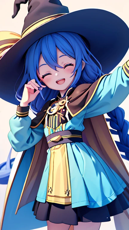 roxy migurdia, Masterpiece, Best quality, Very detailed background, hand on own cheek, Open mouth, Eyes closed, clench one's teeth, Smile, arms back behind, bangs, Black tiara, Blue eyes, Blue hair, Braid, Brown cape, Cape, Floating hair, hair between eye, Hat, Long hair, Witch hat