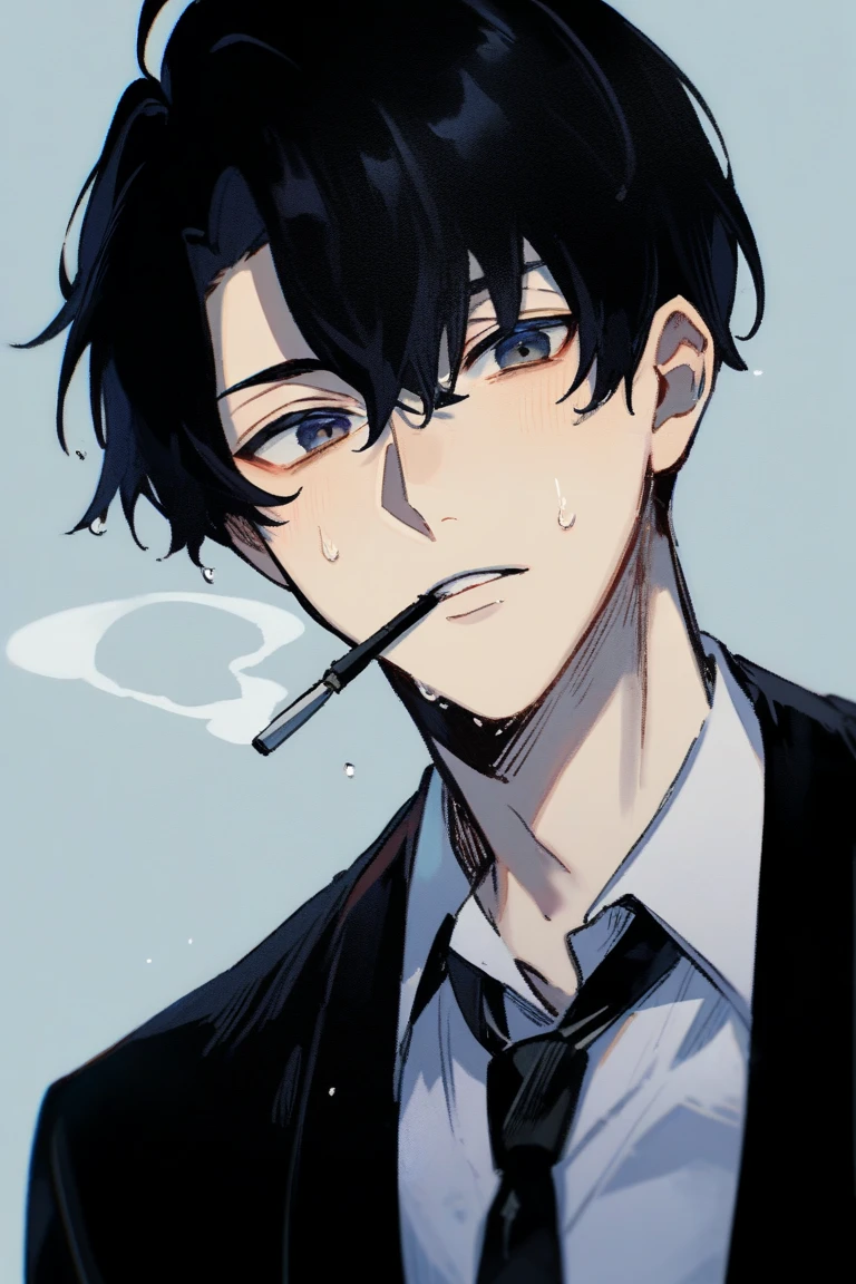 ((masterpiece, best quality), (anime), (close-up:1.36), (head-shot:1.36), (from front, facing front:1.15), (cigarette), 1man, male, solo, smoking, black hair