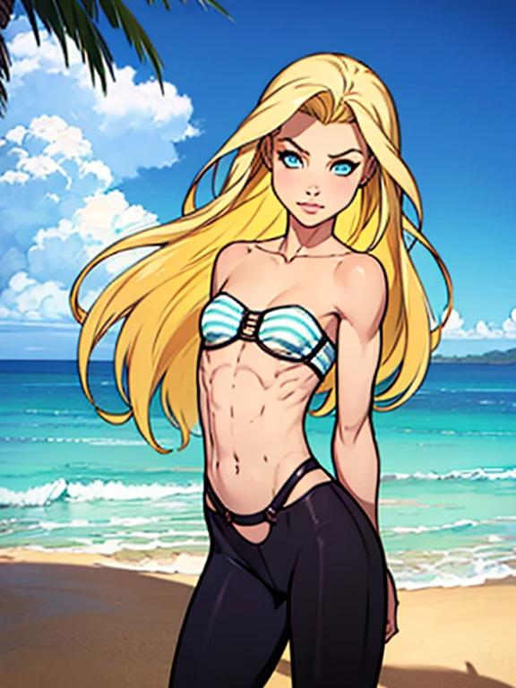 blonde woman in purple bikini standing in shallow ocean water, full body shot in bikini, in bikini, bikini model, attire: bikini, in a bikini, gorgeous bikini model, cute bikini, wearing spandex bikini, wearing pearl neon bikini, swimsuit model, 21-year-old woman from cuba, wearing a bikini, shiny plastic bikini, realistic bikini, tiny bikini