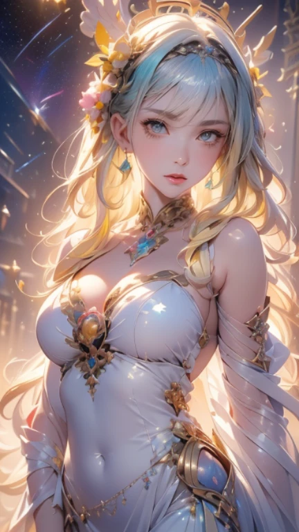 (best quality), (masterpiece), Very delicate and beautiful girl, Very detailed, Astonishing, Fine details, Official Art, Very detailed, advanced, Beautiful details girl, Radiant, 站在dragon前的女孩, long, no-humans, dragon, (Flowing blond hair), jade water book, water, wave, fullofwaterenergy, all mechanical, pink mechanical, Mix 4,swordsman,1 Girl