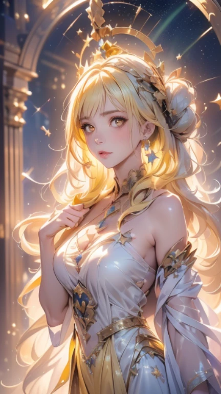 14 years old、beautiful girl、night、Fairy、Tiara on head、smile、Yellow Hair、Big eyes、月night、Close-up of face、Beautiful collarbone、Yellow Dress、Close-up of face、Cleavage