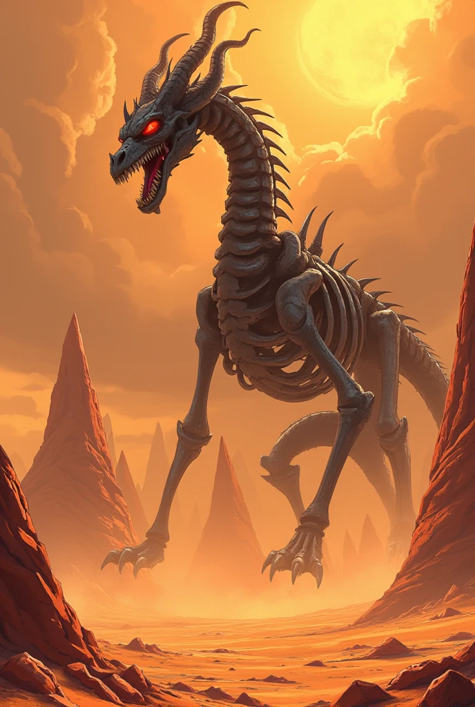 3D anime wide angle dragon skeleton red eyes pop up from sand, aggressive black smoke, death, desert