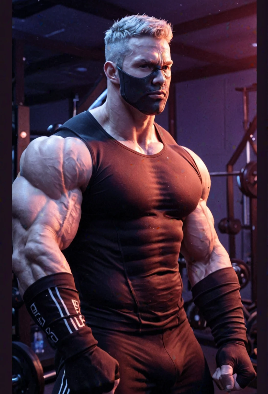 The Arad man wears a black mask on his face,Leaking out of the eye,in the gym,Red hair, Ripped, fit physique, Shredded, ripped to shreds, bodybuilder physique, Born with a constitution, exaggerated muscle physique, exaggerated physique, Bulging muscles, Super buff and cool, slender and muscular build, Fitness model, Strong chest, musculous, Perfect muscle structure, Bodybuilding blacksmith,Hand details