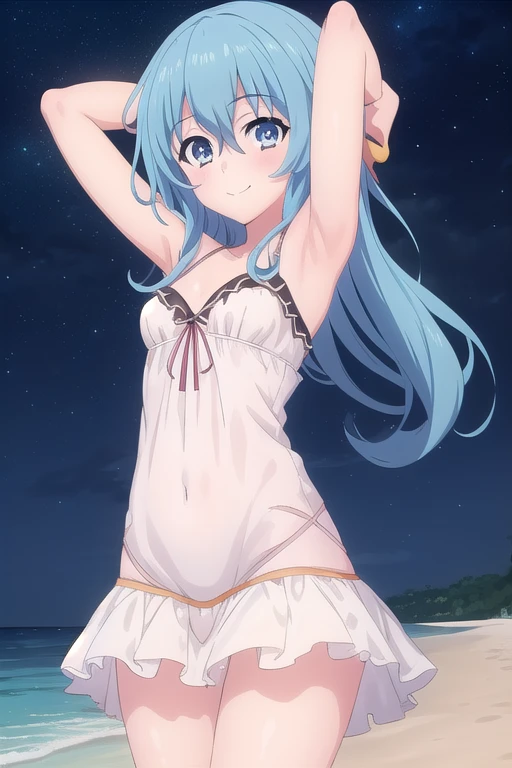 A nice white shirt that lets you see. 、Light blue flared skirt with ruffles、She lifts her skirt with both hands to show off her pretty white underwear.、Cute white underwear visible when you lift your skirt.、sandy beach, beautiful sea, night and starry sky small breasts 