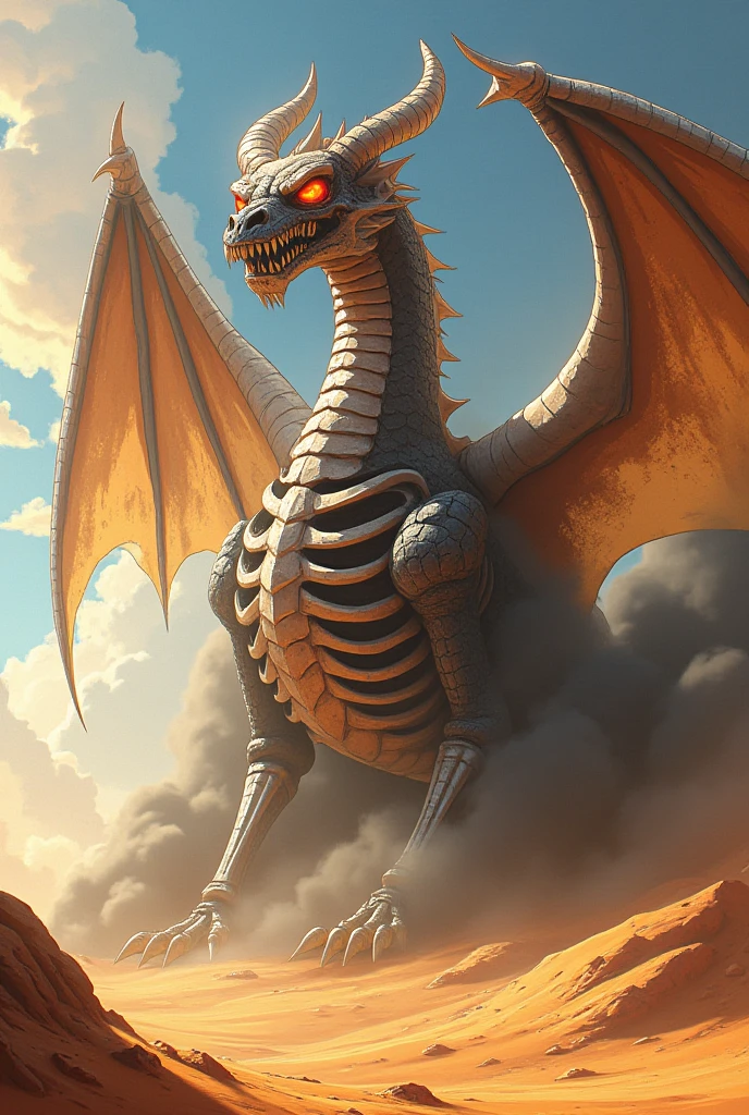 3D anime wide angle dragon skeleton red eyes climbing from under sand, aggressive black smoke, death, desert, two wings