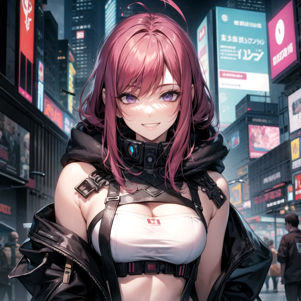 最high quality、best image quality、masterpiece、teenage girl((18-year-old、 By becoming、vest bust、medium bust,wide open breast tea、black eye, purple and red hair、Habitual hair、long hair、thin,highest valley、Have a smartphone、smug face、peace sign、paint marks、punk fashion black mask)),high quality、beautiful art、background((Cyberpunk world))debris flies、Depth of written boundary、movie、visual art、perfect art、8K,genuine