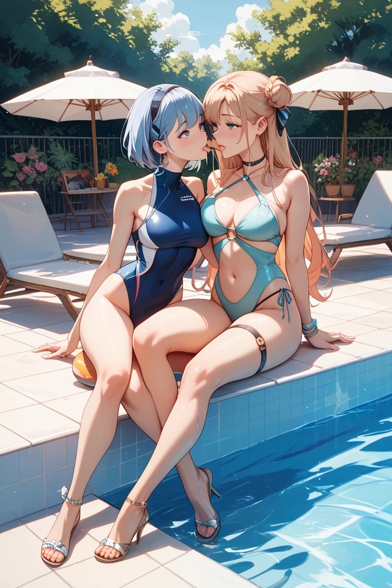 ((A plump and squishy lady:1.3)),((surprise！！:1.3)),(((Women's Lace Panties,((open crotch pantie)),transparent,Erotic lingerie,Big size,Open crotch underwear))),Highest quality、High resolution、Detailed Background、(Beautiful face in every detail:1.4)、A group of young girls, around 6 to , are in the middle of a swimming lesson at a Japanese . They are wearing matching blue school swimsuits, with white swim caps covering their hair. The pool is a standard outdoor school pool with clear blue water, surrounded by a low fence, and a view of the school's brick buildings in the background. The girls are lined up along the edge of the pool, some are about to dive in, while others are practicing their strokes in the water. Their expressions range from concentration to joy as they follow the instructor’s guidance. The atmosphere is lively yet focused, with sunlight reflecting off the water, creating a vibrant, summery feel.