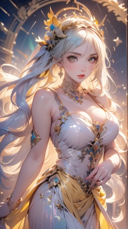 Armpit Show,Red eyes, (highest quality, masterpiece絵画:1.3), Mature Woman, 26 years old, (Upper Body Shot), masterpiece, Ultra-high resolution, (Photorealistic:1.0), Bright silver hair、Straight hair, Beautiful and shiny hair, White and glowing skin, ((Ultra-Realistic Details)), Octane Rendering, Highly detailed face, (Big Breasts:1.0), She wears a stunning outfit inspired by the Belle Epoque style, A flowing golden dress decorated with lace and ribbons, (clothing: Gold Belle Epoque dress with lace and ribbons), Cleavage, Perfect body, Soft Skin, Anime Face, Perfect Face, Perfect Eyes, (Left eye wink), Looking at the audience, Smart, Against the background of cherry trees, church, Cherry blossom petals falling, Outdoor,Sharp focus, Intricate details, Professional artwork, (Bright colors:1.1), Bright colors, diffused Lighting, Digital Blending, Ultra high definition body,Condescending eyes, Ultra detailed hair, Highly detailed face, that'that'Trending on pixiv, Open the top button, Cute gaze, Compensate, Perfect Lips, perfect Compensate, Ultra-precision coating, (Light_smile:0.6), (Very embarrassed:0.8),