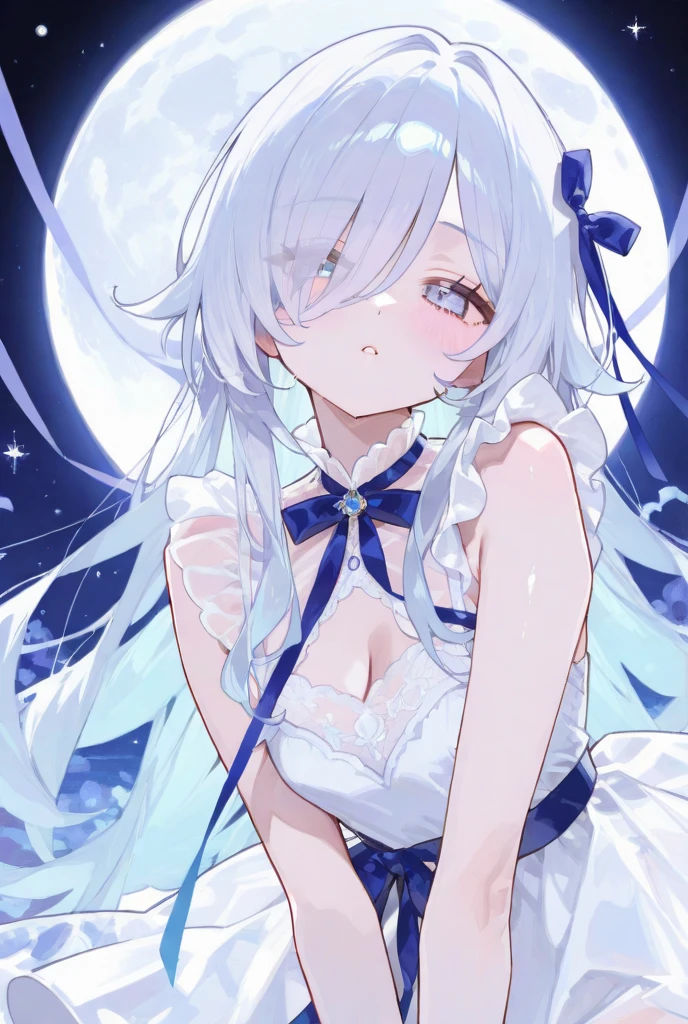 1girl, anime, cute girl, blank background, white background, fantasy, detailed fantasy dress with highlights, beautiful face, beautiful eyes, dark colors, black hair with multicolor streaks, red eye with different color pupil in eye, multicolor eye, medium breasts, slight cleavage, beautiful skin, cute, breast curtains, extremely delicate and beautiful, (beautiful detailed face:1.0), (detailed deep eyes), symmetrical breasts, deep eyes, shiny skin, portrait, slender waist, hips wider than shoulders, thighs, expressionless, young girl, luminous eyes, adorable,(Kpop idol),(aegyo sal:1),(Platinum blonde hair:1),((puffy eye)),Black panty,sexy posture,Superskirt, Ultra-high resolution,Black collar,slim figure, Abdominal y tattoo, womb tattoo,Tight-fitting leg ring,y tattoo on half-body,Bare skin, Armored hand,Hidden fingertips,Hand covered,Arm covered,Fist covered,{{beautiful detailed fingers}}, tufts of hair, moderate beautiful breast:1.0,(masterpiece:1.2), best quality, high-res, HDR, perfect face, intricate armor, delicate blue filigree, intricate filigree, red metalic parts, detailed part, dynamic pose, dynamic lights, cute face, neutral expression, shuimobysim, lotus, hanfu, maxi skirt, dress conservatively 1girl, solo, long blue hair, standing, One lady,14years,((White hair) ,((Normal breasts)), (Shiny purple bodysuit with microskirt),((Fantasy, Moon Night))