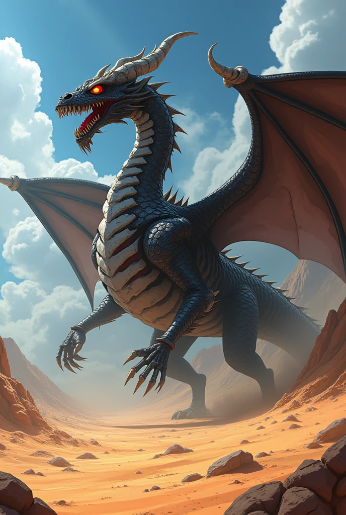 3D ANIME WIDE ANGLE DRAGON SKELETON RED EYES CLIMBING FROM UNDER SAND AGGRESSIVE BLACK SMOKE DEATH DESERT WINGS DARK CHATTER
