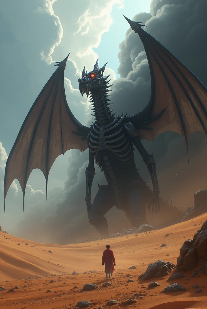 3D anime wide angle dragon skeleton red eyes climbing from under sand, aggressive black smoke, death, desert, wings, two sides, talking sky