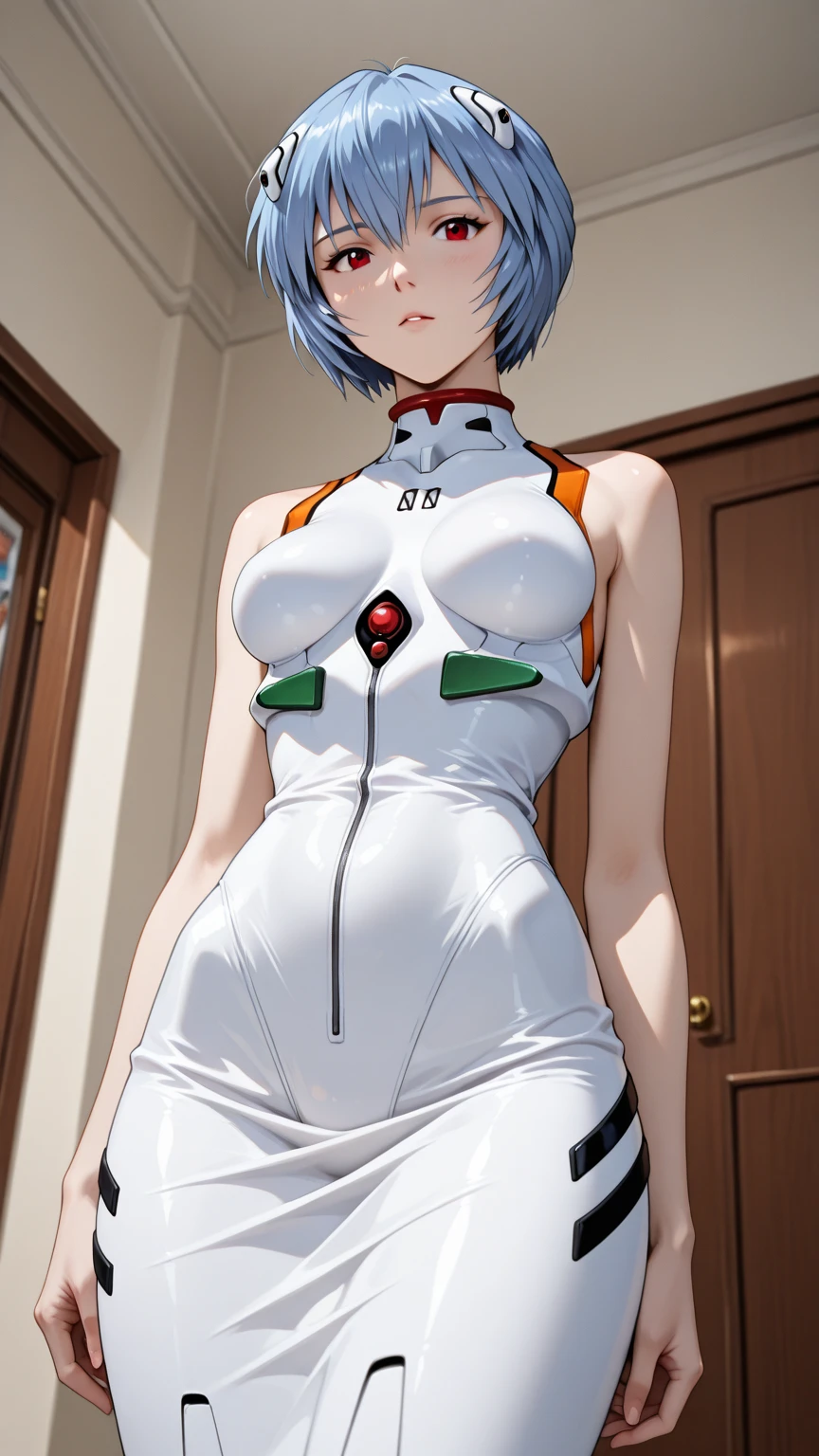 Rei Ayanami wears a white combat suit