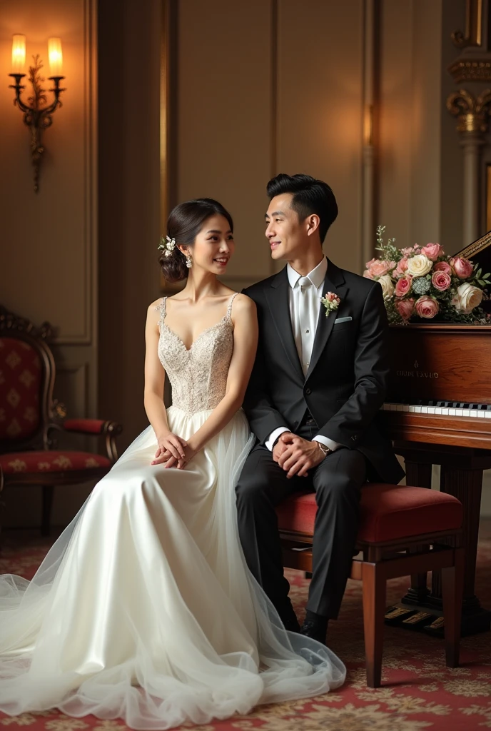 A handsome Thai man in a dark grey suit is playing the piano in the middle of the room. A short-haired young woman in a light pink strapless evening gown is standing next to him singing happily. The light in the room is in a warm white tone, romantic and beautiful. The picture and light are as beautiful as a scene in a romantic movie