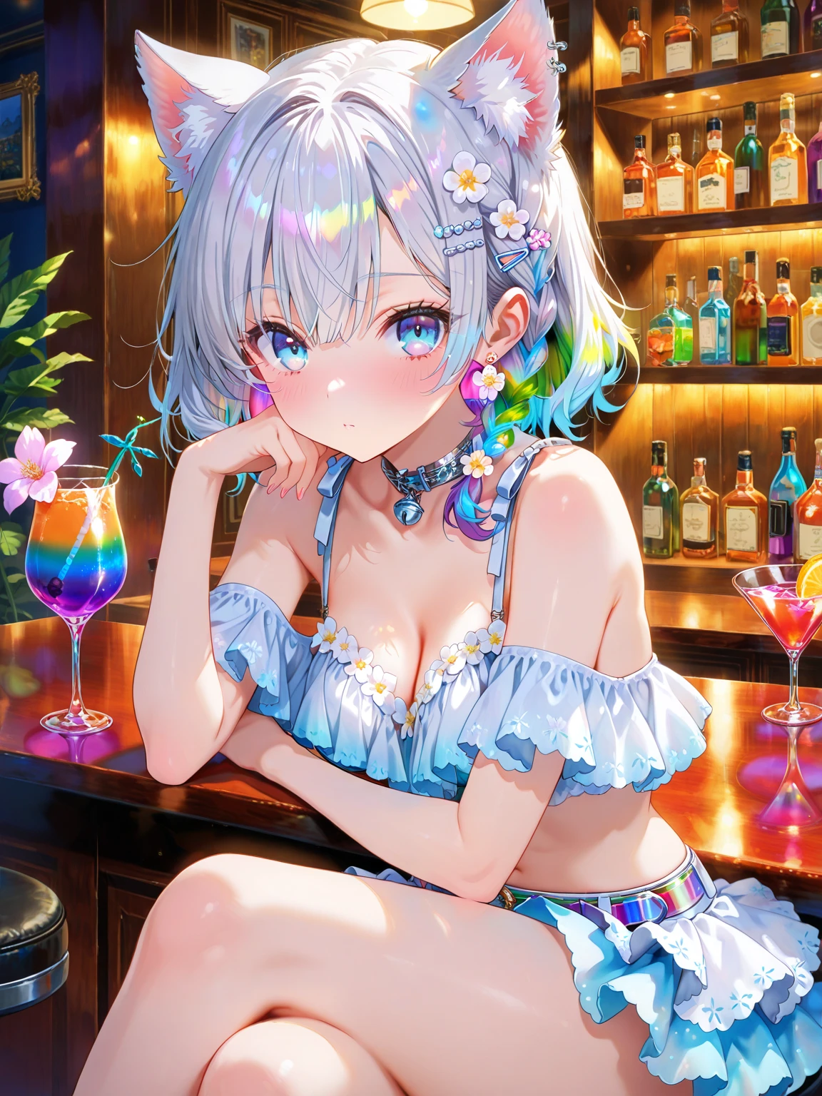 Anime Kawaii sexy Perfect Slim sensual body large breast and huge thighs, An intricate and highly detailed illustration of anime (Young girl) (work of art, best qualityer:1.2), (high resolution, 8k raw photo, photo realist, Focus Clear, weak contour:1.3), (cinematic lighting, temperamental, textile shading), ass pov, (standing alone:1.5), 1 MATURE WOMAN, 24 years old, (milf:1.5), ((NFSW:1.5, escape chest:1.3, sagging chest, big fit ass , cleavage on her breasts, sexually harass, in heat, showcasing)), ((beautiful bright eyes:1.3)), (sitting on a stool at the counter of a BAR, lying face down on the counter with your arms resting on the countertop, looking at the viewers, cocktail glass), Raised sexy, (little happy smile:1.3, embarrased), light purple mesh on silver hair, mid long hair, hair over one eye, asymmetrical hair, half tied hair, blue colored eyes, wearing sexy white dresses, long skirt with side slit, wearing a transparent green shawl around her shoulder, (Luxury detailed accessories, necklase, aretes, wristbands), bokeh, dynamic angle, leaning sideway:1.2, face up close:1.5, whole body, from low:1.2, (anatomical correct:1.6, Ideal Body Proportions Ratio, correct hand:1.5, Small hands), in one night, darkness room,