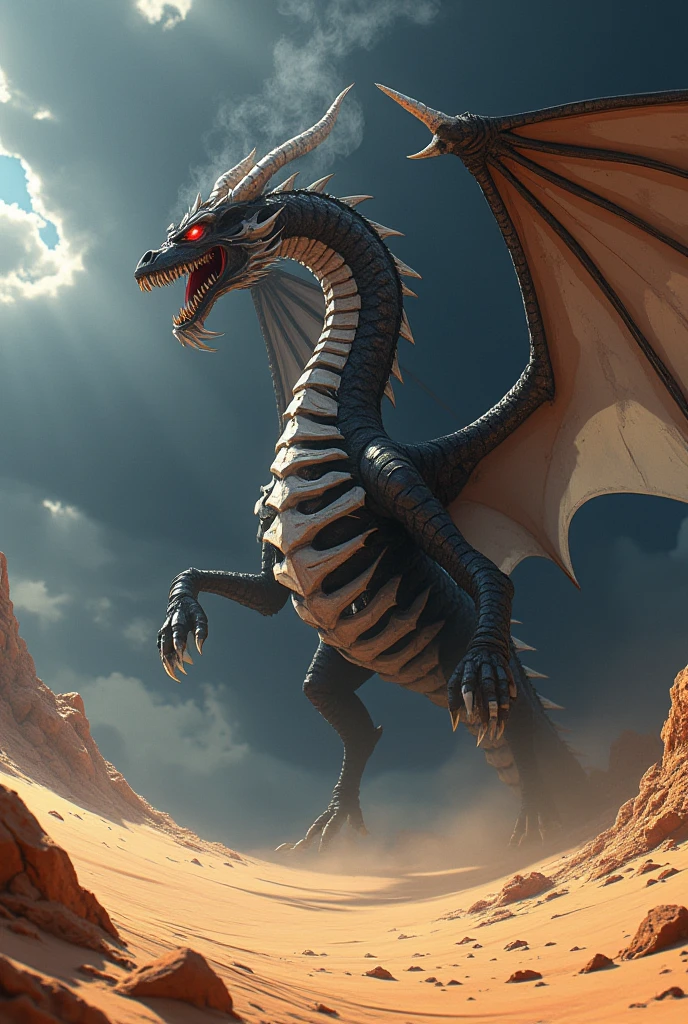 3D anime wide angle dragon skeleton red eyes climbing from hole on sand aggressive black smoke death desert wings conversational sky dark black