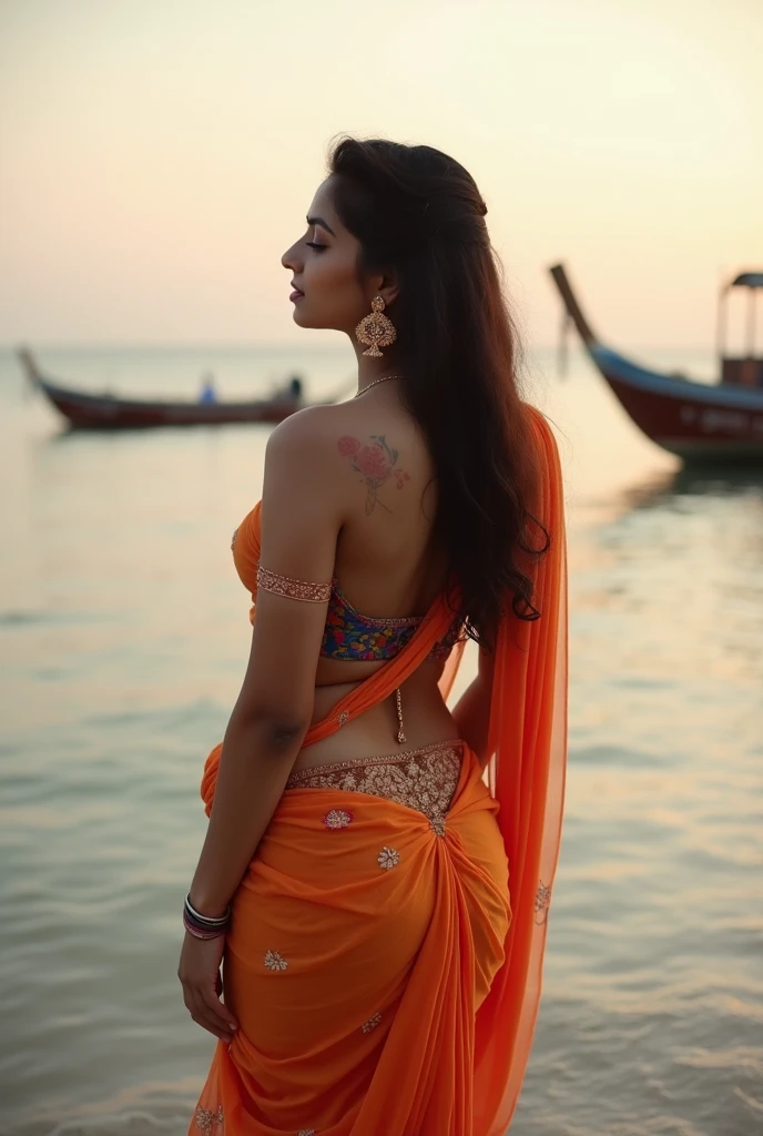 Indian women wearing saree showing her panty sitting on bum in a beach nd boys sniffing her bum