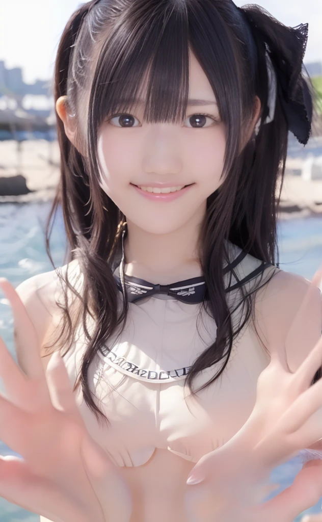 triangle-bikini,(open mouth:1.5),(tongue out:2),Kneeling,handjob,choker,front view,face focus,from above(1girl,Beautiful 14 year old girl,teenager),((Slender,Small breasts,Small face,)),(looking at viewer),Black Hair,bangs,Poolside