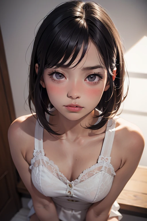 Sexy and cute woman, black brown hair, long hair, straight hair, weak eyes, blushing intensely, lips parted, ready to kiss, long oversized white shirt