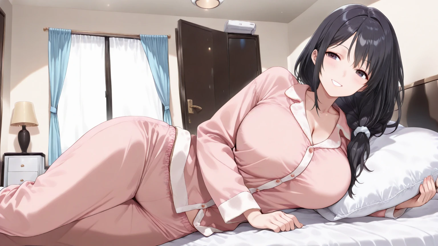"MASTERPIECE" single female, long black hair, large chest, patterned kimono, kneeling on bed, smile, blushing, (SOLO), bare legs, open legs,cleavage, boobs