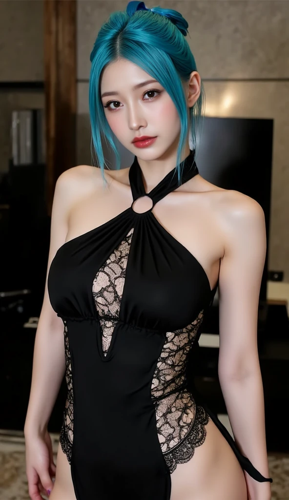 8K, Top Quality, Intricate Details, Ultra Detail, Ultra High Resolution, Masterpiece, close up shot, (full body: 1.1), Slender, Smile, (Makeup: 0.4), (Fluffy Blue Eyes: 1.21), (()), 1girl, solo, 1 girl, ((blue hair, bangs)), close up shot, , ((tall)), (((fit body))), (((slim face))), sharp face, (()) ,(detailed face), sharp face, small lips, , , ,
((,long dress )), , ((,)),detailed face, detailed breast, , ((large breast, huge breast )), , Narrow Waist, Skinny, tall , 175 cm tall, Muscular, Navel, Exposed Abdomen, Pointed Chest,, Beautiful girl with accentuated slender abs: 1.4, Six Pack Abs: 1.4, Bust Botox, Big, Perfect Body, detail leg, (( dark background)), black background,