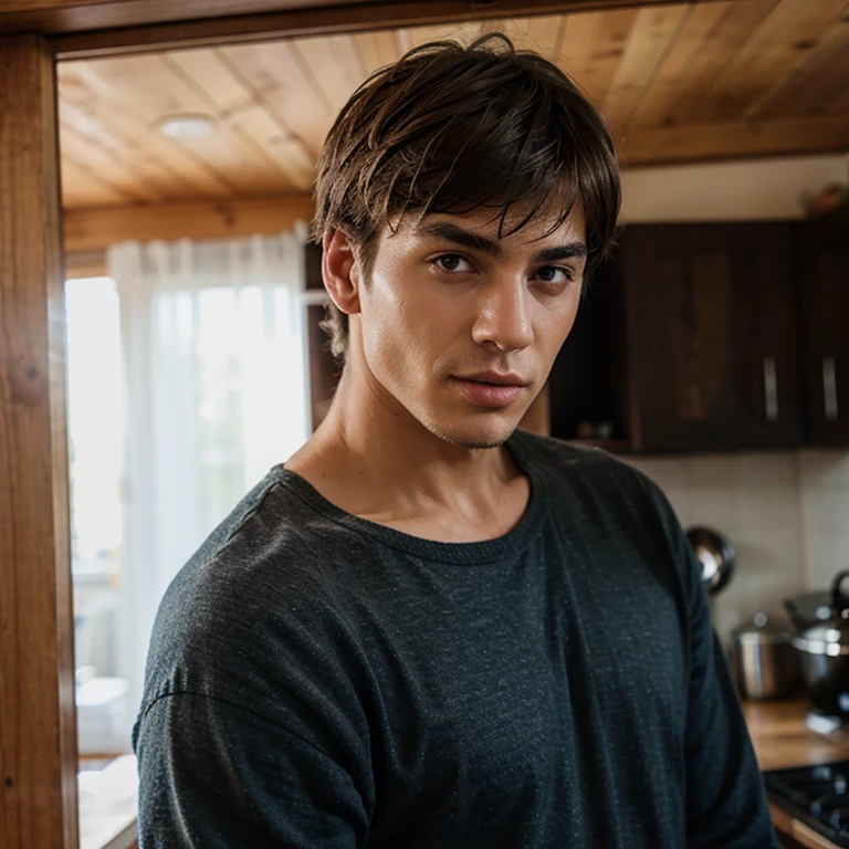 masterpiece, young 25 year old guy, cute with dark hair, Very short haircut. Bruises on the neck. Epicly dressed. Green jacket with dark gray shoulder pads. Blue eyes. charisma, perfect face. Clean shaved face. Hollywood looks. Smooth, thin nose. Handsome hero. raised hair. 