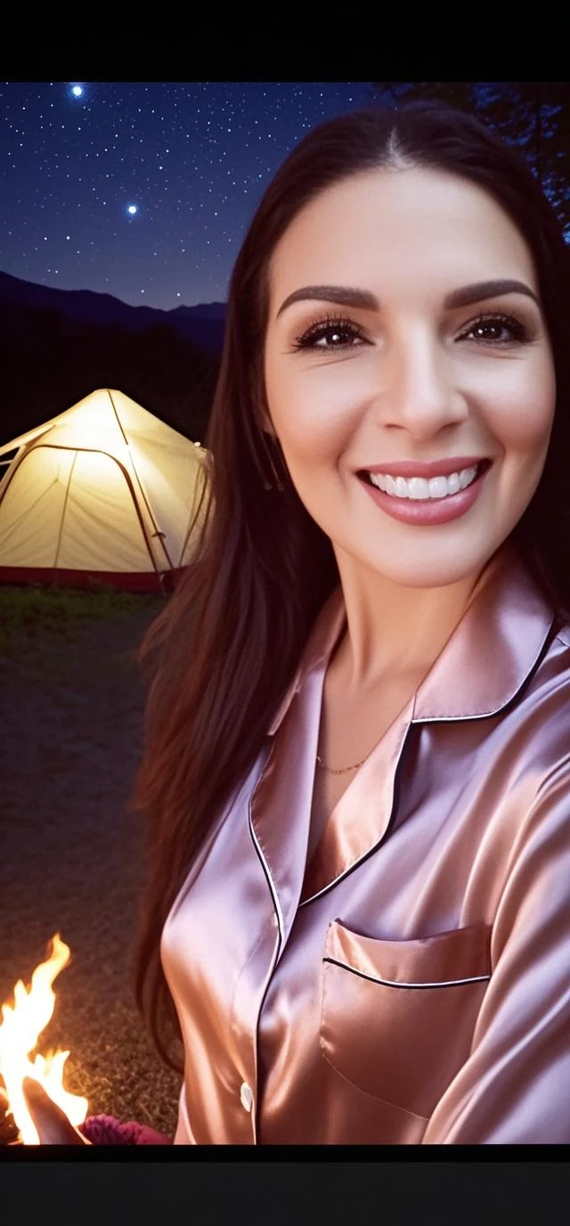 Ideal cutie, extremely photogenic girl, (detailed eyes:0.8), blush, textured skin, (photorealistic:1.2), (vibrant colors, 8k, high quality, shot on Fujifilm X-T4, 85mm f1.2), sagging breasts, huge breasts, camping tent, open door curtain, (on all fours:1.4), (frills chiffon pajamas:1.3), (night:1.3), fog, (from side:1.1), looking at viewer