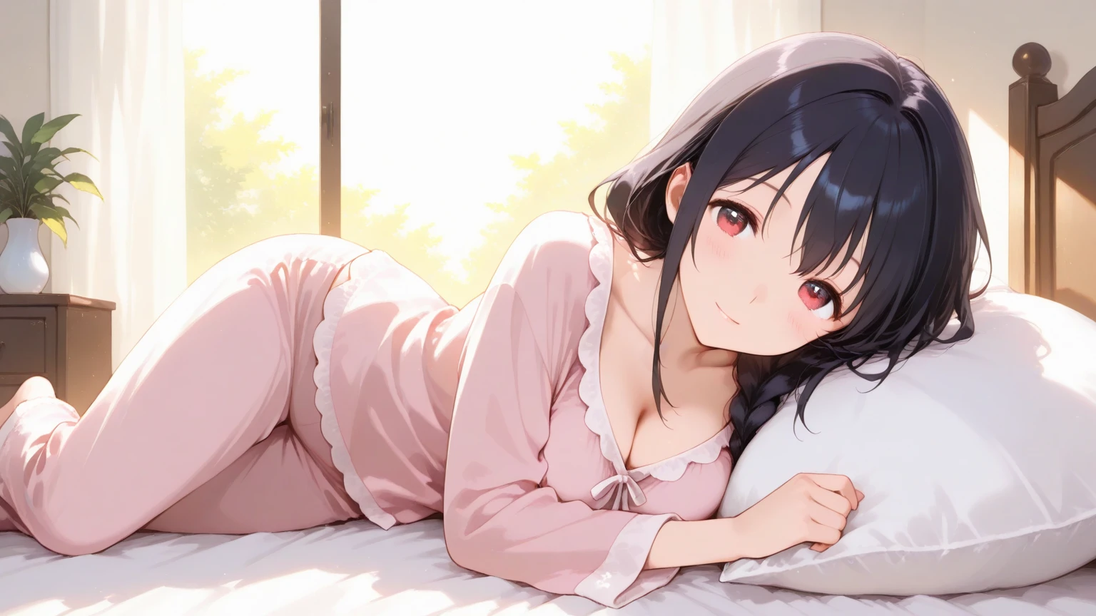 ２０Year old girl, pajamas, Mid-chest, Black Hair, blush,　ベッドでSleeping、　night、　You can see the starry sky from the window、 High resolution、Sleeping、