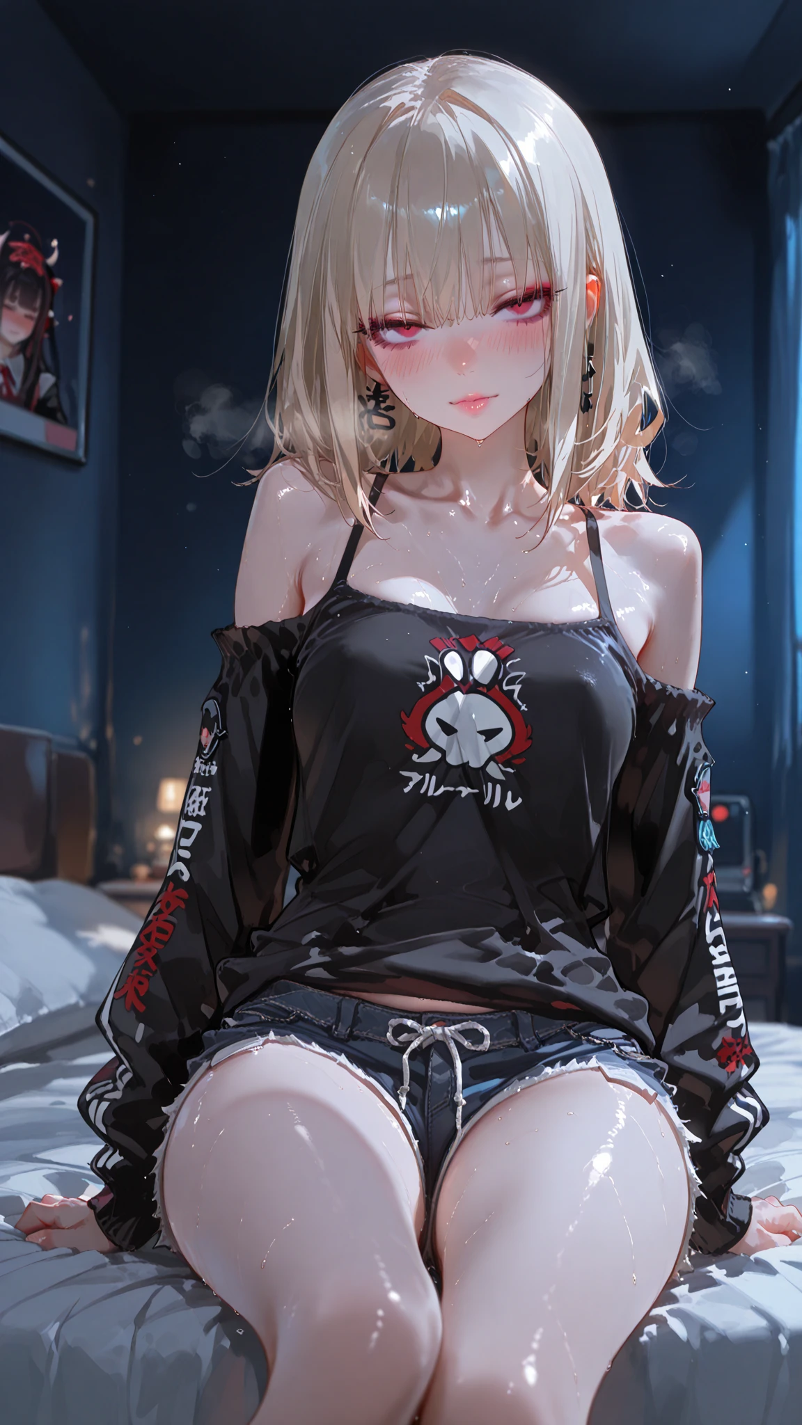 high quality, detailed,office lady,(wearing very wet white shit and business shirt,wearing a tie,plaid skirt),(torn clothes:1.8),a mole under the eye,(bob hair,bob hair),(tounge out,tounge out),(blushing:1.4),smile,absurdres,orgasm,???????,breasts,W-sitting,wearing black overknee socks,(torn clothes:1.7),the whole body,the whole body,she has a lot of earrings,on the bed,very dark atmosphere,tatoo,