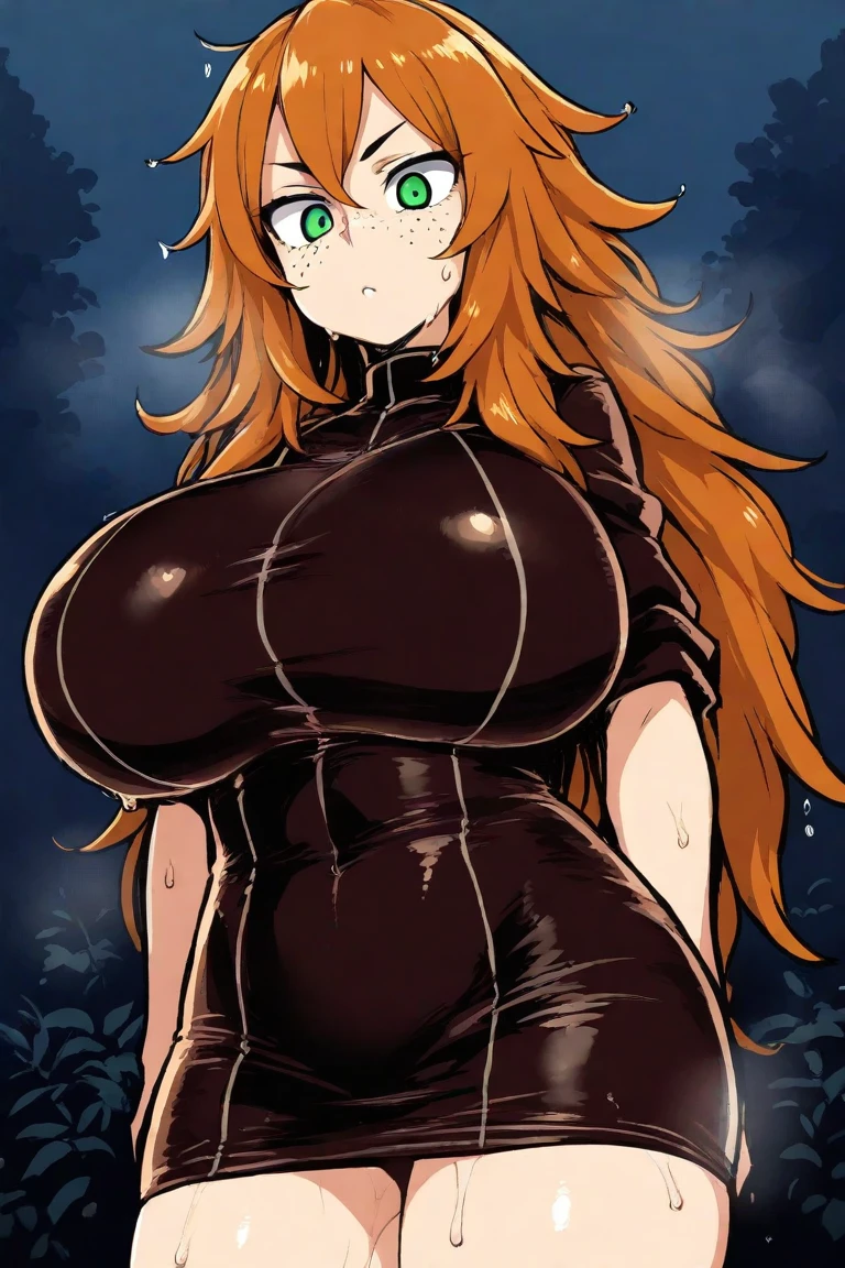 a beautiful and stunning woman with long, wavy orange hair and green eyes, twin volumous ponytails, wearing a black kimono with a red floral print , orange fox ears, lying on the bed with a shy smile, red cheeks and light freckle marks only on her face, defined silhouette, huge breasts, thick thighs, earrings of skulls, dark environment, dark colors, pastel tone, cold palette, sharpness, attention to detail, richness of details, cute aesthetics, cherry blossoms decorating the hair