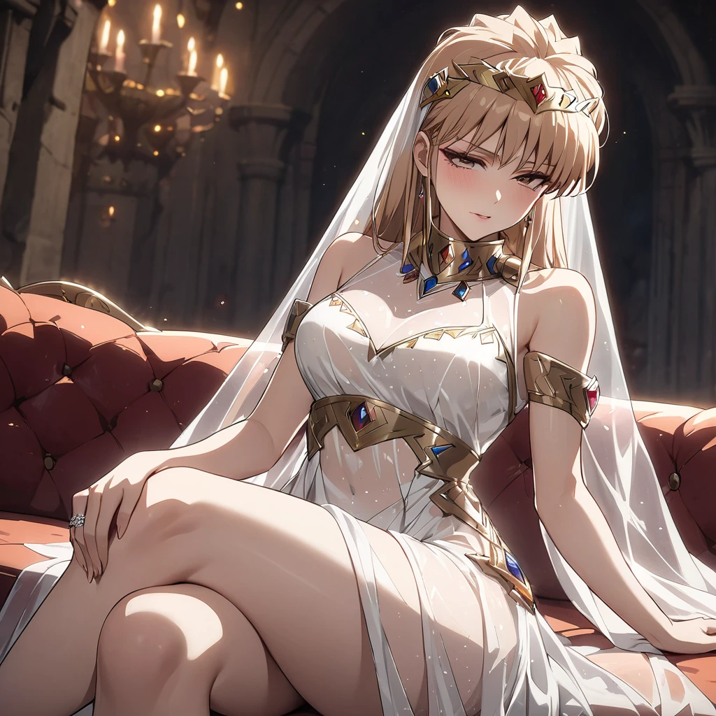 ((Highest quality)), ((masterpiece)), (detailed), (Perfect Face)、The woman was a tiare with green eyes and medium-long blonde hair, and was wearing a luxurious, shiny, gold-colored, long-slit see-through dress with gorgeous embroidery and trim, which allowed her skin to show through, a gold-colored see-through cape, and a gold-colored see-through veil. She was wearing a gorgeous jeweled hair accessory, a jeweled head dress chain, a jeweled waist chain, a gorgeous necklace, bracelets, ankle bracelets, jeweled earrings, and shiny gold boots. She was also wearing an engagement ring.、The woman is being held close by the man on a luxurious sofa in a luxurious room and is being fondled.、The man is a dignified, bearded, elderly man of great wealth, wearing luxurious clothing with gold embroidery and trim.