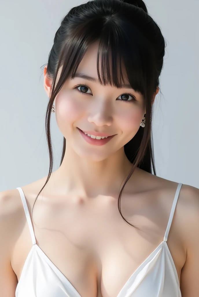 white background, highest quality, masterpiece, Ultra-high resolution, realistic:1.3, solo:1.3, ((Clear Face)), cowboy shot:1.3, from front:1.3, (glowing skin), (looking at camera:1.3), (black leather bikini:1.3), standing, leaning forward, Showcasing cleavage, (big busts:1.3), long cut, smile