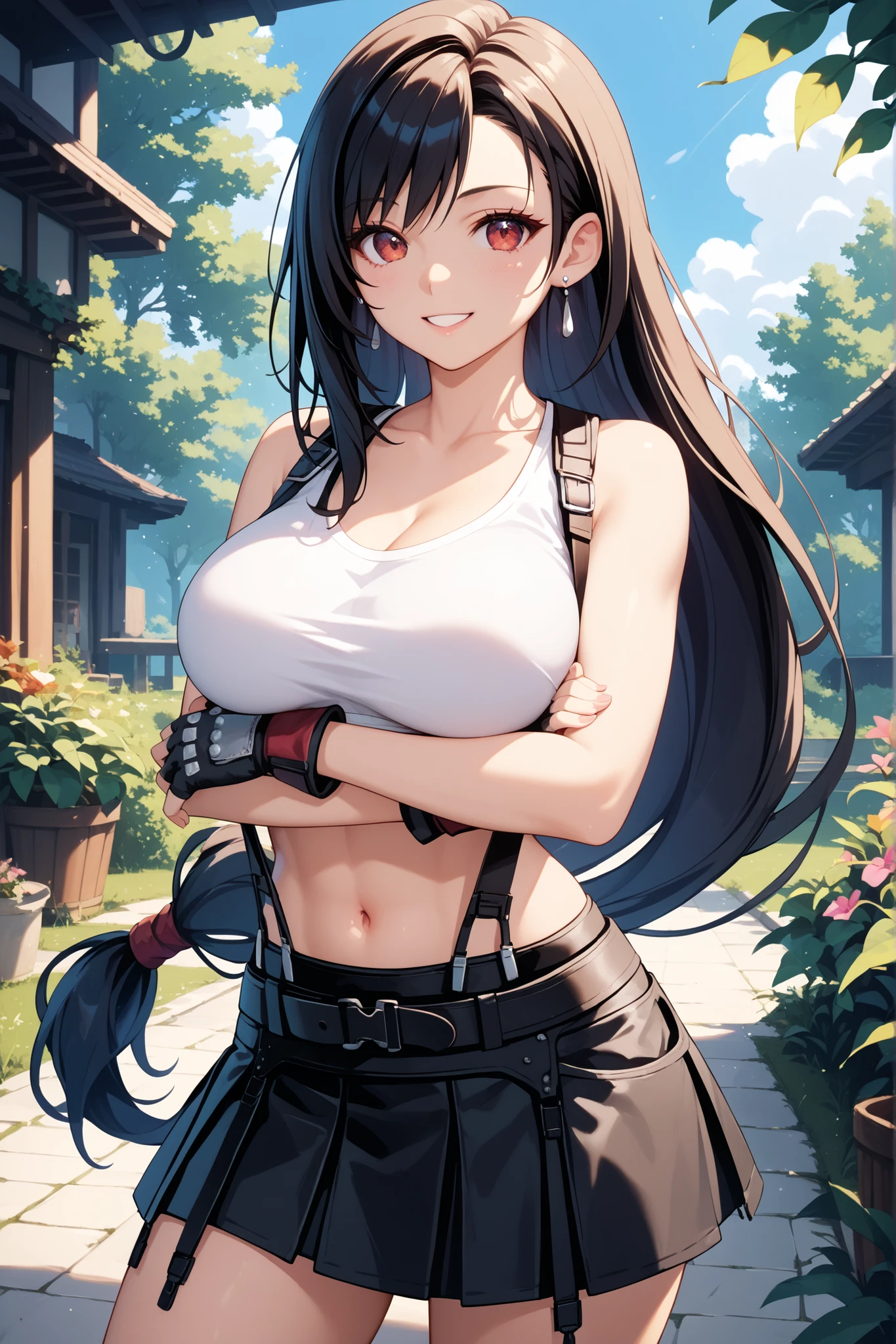 tifa_a, cowboy shot, crossed arms, smiling at viewer, red eyes, beautiful black hair, low-tied long hair, large breasts, earrings, white crop top, suspenders, black skirt, fingerless gloves, lineart, LineAniAF, white back ground, best quality