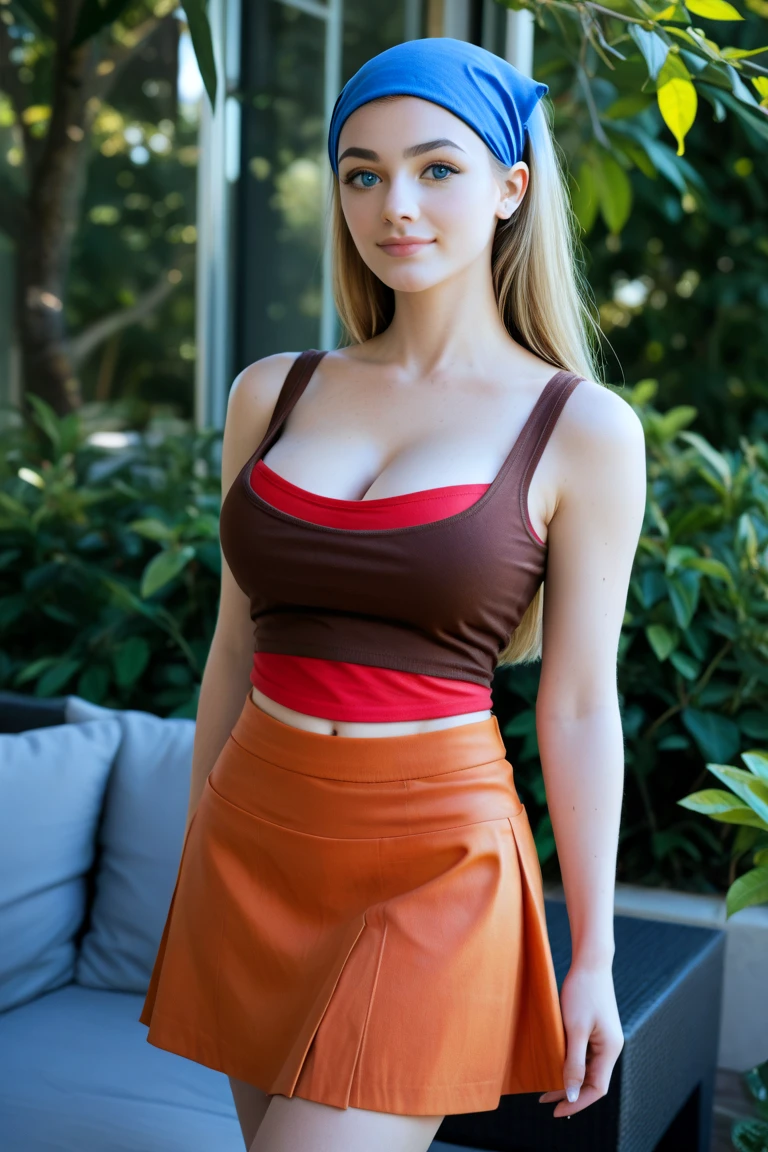 front look.wearing an apron. head straight facing the camera. (standing upright, body facing the camera, arms folded across his body). A beautiful young woman in her 25s with large breasts, ((wearing red maid uniform)), (Interior wall background)(no background). Maid red uniform. Maid apron.