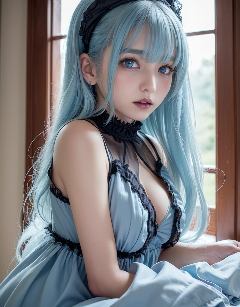 Light blue hair　Light blue eyes　White mesh　Small horn　Big Breasts　Hisame　Erotic