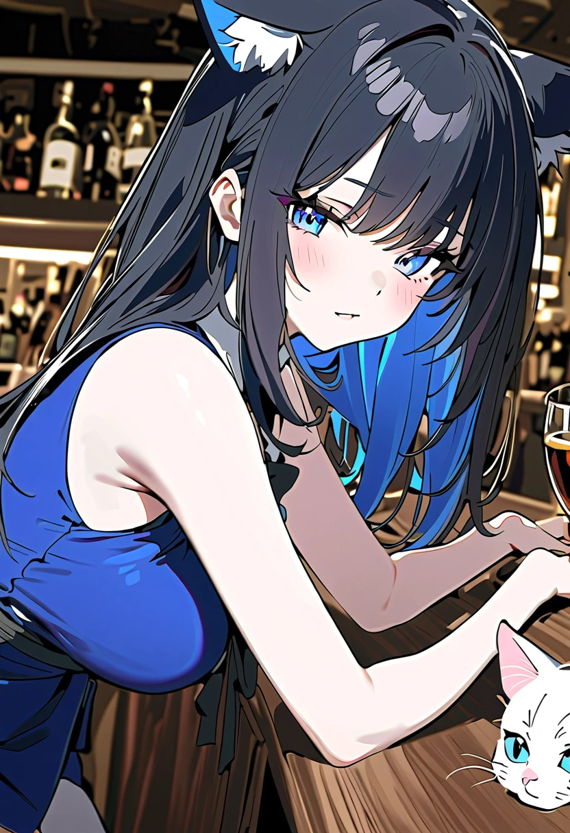 Yoshiko Tsushima Blue Hair Red Eye Semi-long hair One-sided bun hairstyle Black Dress Black Stockings smile Huge breasts night Cocktail Bar Seduce Sit on a chair night景 Room lighting Holding a cocktail glass