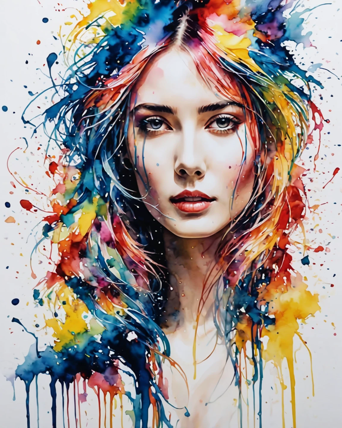 watercolor painting of a beautiful woman in a neon, High detail, portrait, light studio, colorful, high precision, strong, classic, water color ink, pink and turquoise, ultra clear
