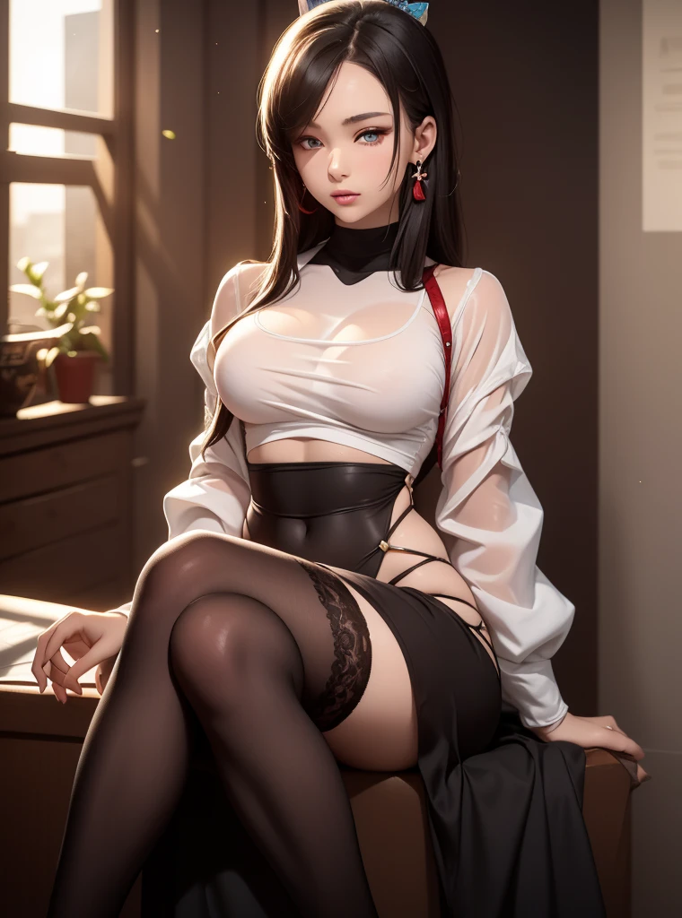 (( female student in the classroom)),Charming eyes,Heartwarming action,Turn your face away from the camera,stooped,Bend over,turn back,Look up at your head,thick and long black hair,Highly detailed body,Highly detailed face,best qualtiy、(P boobs iNK underwear),(hi-school girl),((White Blazer、emblem on breasts))、((Translucent blouse)),(Black stockings)、((White lace underwear is visible))