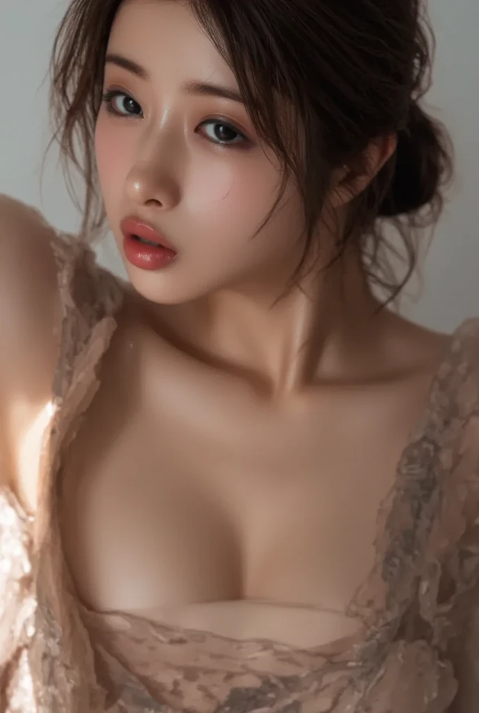 (Masterpiece, BestQuality:1.3), (ultra detailed:1.2), (hyperrealistic:1.3), (RAW photo:1.2),High detail RAW color photo, professional photograph, (Photorealistic:1.4), (realistic:1.4), ,professional lighting, (japanese), beautiful face, (realistic face), cute woman, (Brown Hair, Big Tits:1.5), (cheerful Smile:1.35), Trending Hair&Trending Hairカラーをランダムに, earrings, necklace, bracelet, sexly, erotic sexly, Random sexy gravure poses, (Red satin gown、Bedroom Background、An inviting smile、Pose for the camera:1.3)