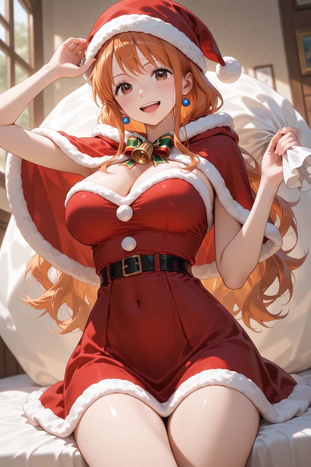1 girl, long hair, orange hair, brown eyes, medium tits, visible cleavage, Santa Claus costume, no white beard, smile, Christmas background, Merry Christmas