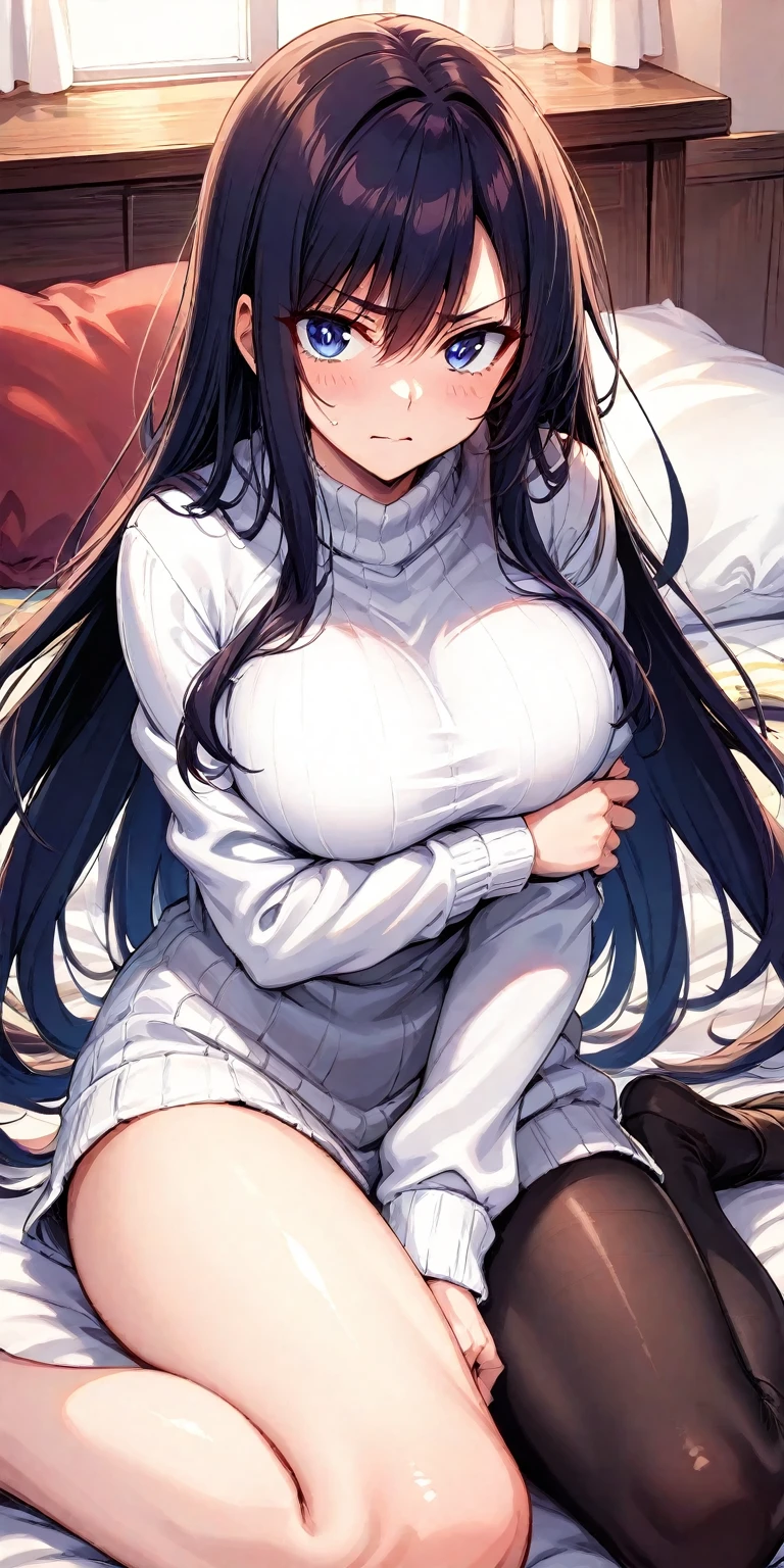 1girl, mature women,perfect ,black hair, long hair, (hair over one eye:1.4), messy hair, hair between eyes,plump, saggy breast, pajama, cute shy blush on , bedroom 