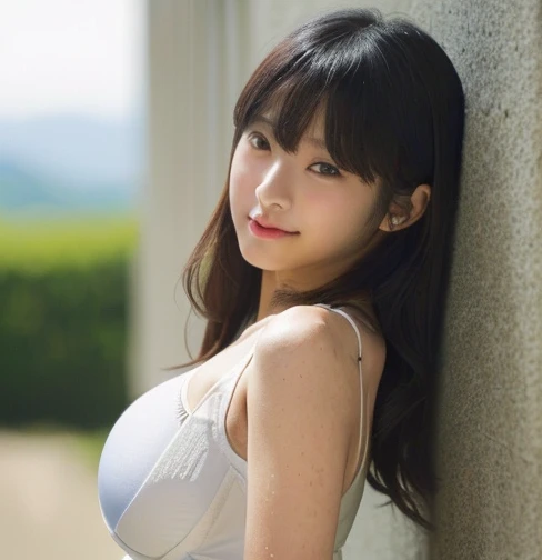 ((highest quality)), ((masterpiece)), (be familiar with), Perfect face, perfect Japanese beauty　Perfect Japanese beauty face　A perfect proportioned Japanese mature woman around 30 years old.。A mature woman in her 30s with a beautiful, glaring face　A slutty mature woman around 30 years old　Busty mature woman around 30 years old　Sexy mature woman around 30 years old　About 30 years old unrealistic biomechanics huge  mature woman with super long curly hair　super long curly hair　Hair length is over 150cm　very detailed hair　very dense skin　Neat bangs　Bangs are princess cut　Her skin is burnt brown from UV rays in the summer. Perfect body.　big big tits　This place is a prairie。The clear blue sky and fresh green grass are beautiful.　
She is standing in the middle of the field with her hands clasped in front of her.　She is wearing a white dress。Clothing: White lingerie　I&#39;m wearing panties　Looking straight ahead and looking at the camera