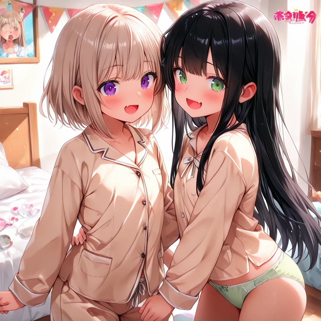 ((masterpiece, best quality, ultra quality, high quality, hyper detailed, intricate detailed, perfect anatomy, shiny skin, cowboy shot,)), (3 women:1.5), cute women are posing for a camera, (indoors, bed, pillow, from side,) (on bed), (Lifting SHIRT:1.3), (open your mouth and laugh:1.3), ray tracing, ((tits)), (small nipples), nipples, breasts, hair band, headband, hair bobbles, blouse, shirt, (line up in a row), 12 talents、13 years old、14 years old、15 years old、 Asian, Westerner, silver hair, brown hair, blond hair, navel, jewelry, looking at viewer, necklace, long hair, short hair, (abs),(Depth of the bounds written),