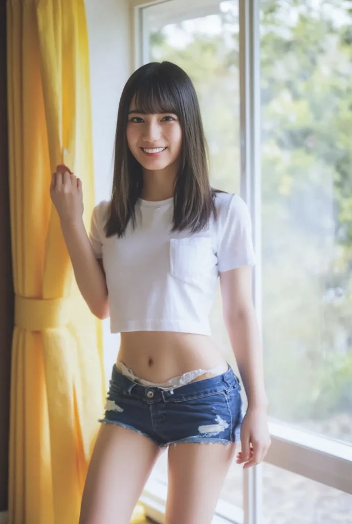 (masterpiece, Highest quality:1.4), Award-winning portraits, 8K, 85mm, alone, Beautiful Face, Delicate girl, (Bedroom at night), Sophisticated, cute, 15 years old, RAW Photos, Confused, High resolution, Sharp focus, Background Blur、(((Flat Chest 、thin and delicate body、Childish atmosphere)))、shiny semi-long hair、ponytail、I have a small mole on my left cheek、 Dark brown eyes、sexy、flexible legs、Knee Shot、Smile shyly、Shot from below、Are sleeping