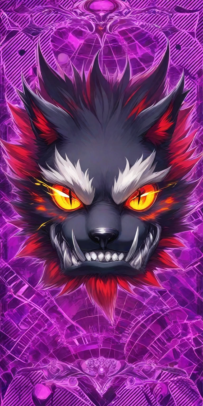 Demon Wolf、Black fur、Purple glowing eyes、Sharp fangs and claws、Drooling from the mouth