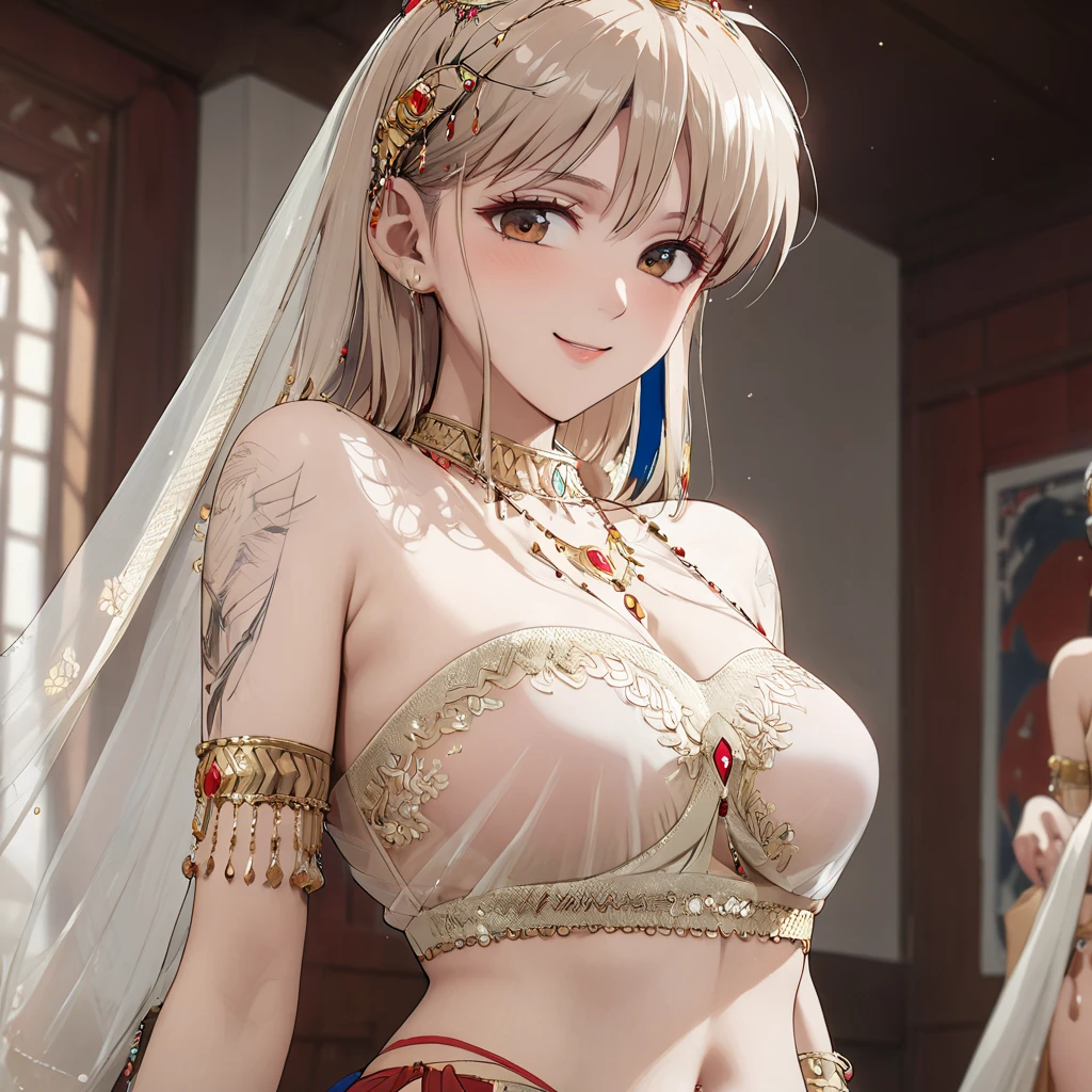 masterpiece, top quality, super detailed, high resolution, (realistic, photorealistic:1.37), excellent anatomy, beautiful 1 woman, smile, belly button, delicate makeup, gorgeous jewelry, frills dress, detailed aspect, white clothes, Lotus print, Maple leaf print, alone, (magic circle:1.2), upper body, East Asian architecture, outdoor, best light, best shadow, mysterious, perfect face, highly detailed,