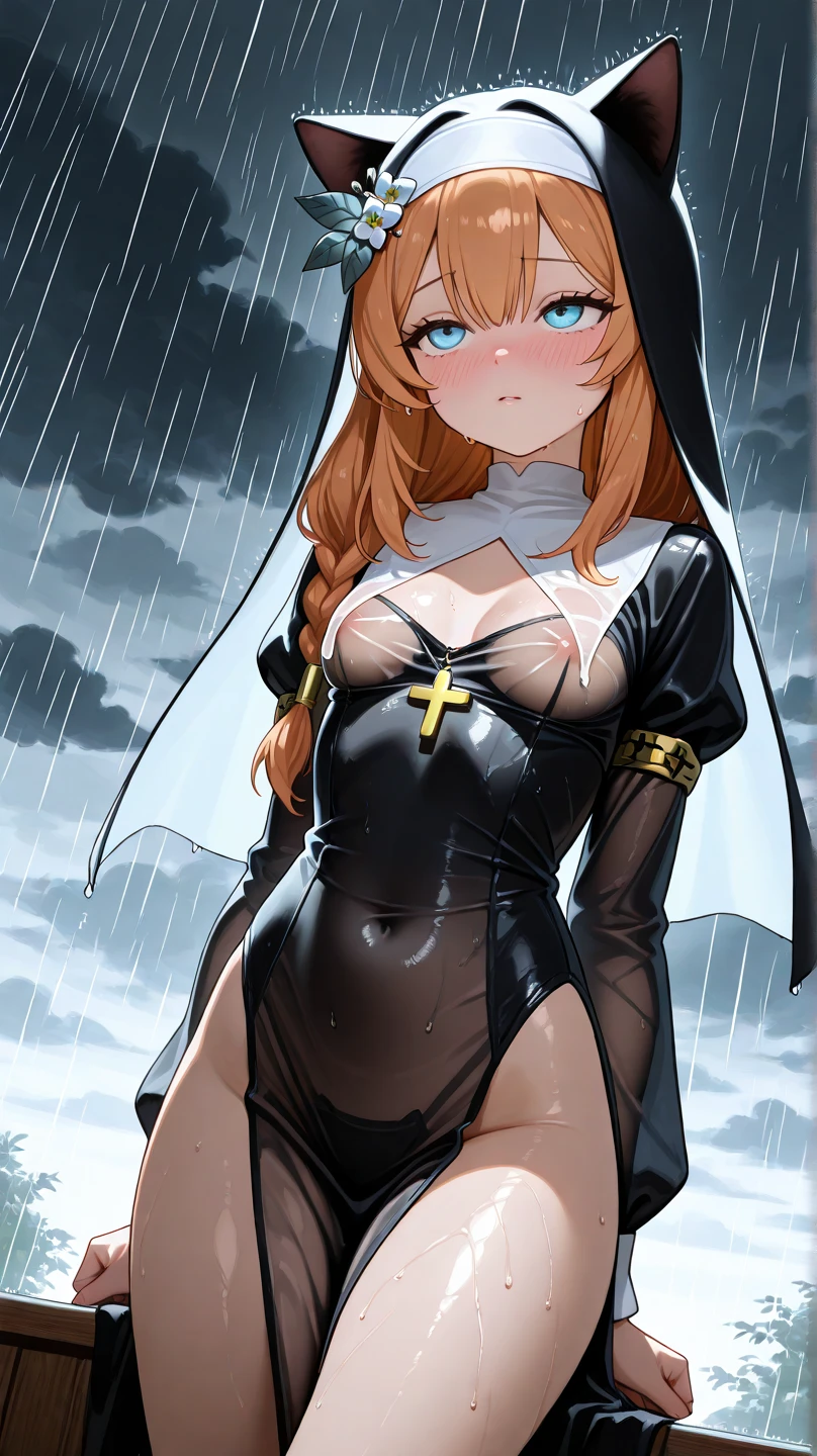 1 girl, best quality, masterpiece, church, stained glass, bathtub filled with a , red hair, green eyes, black latex nun outfit, shiny latex nun dress, long dress, extremely glossy latex(2.0), big breasts, big thighs, big butt, hourglass figure, bathing in cum, sumbmerged in cum, laying in tub