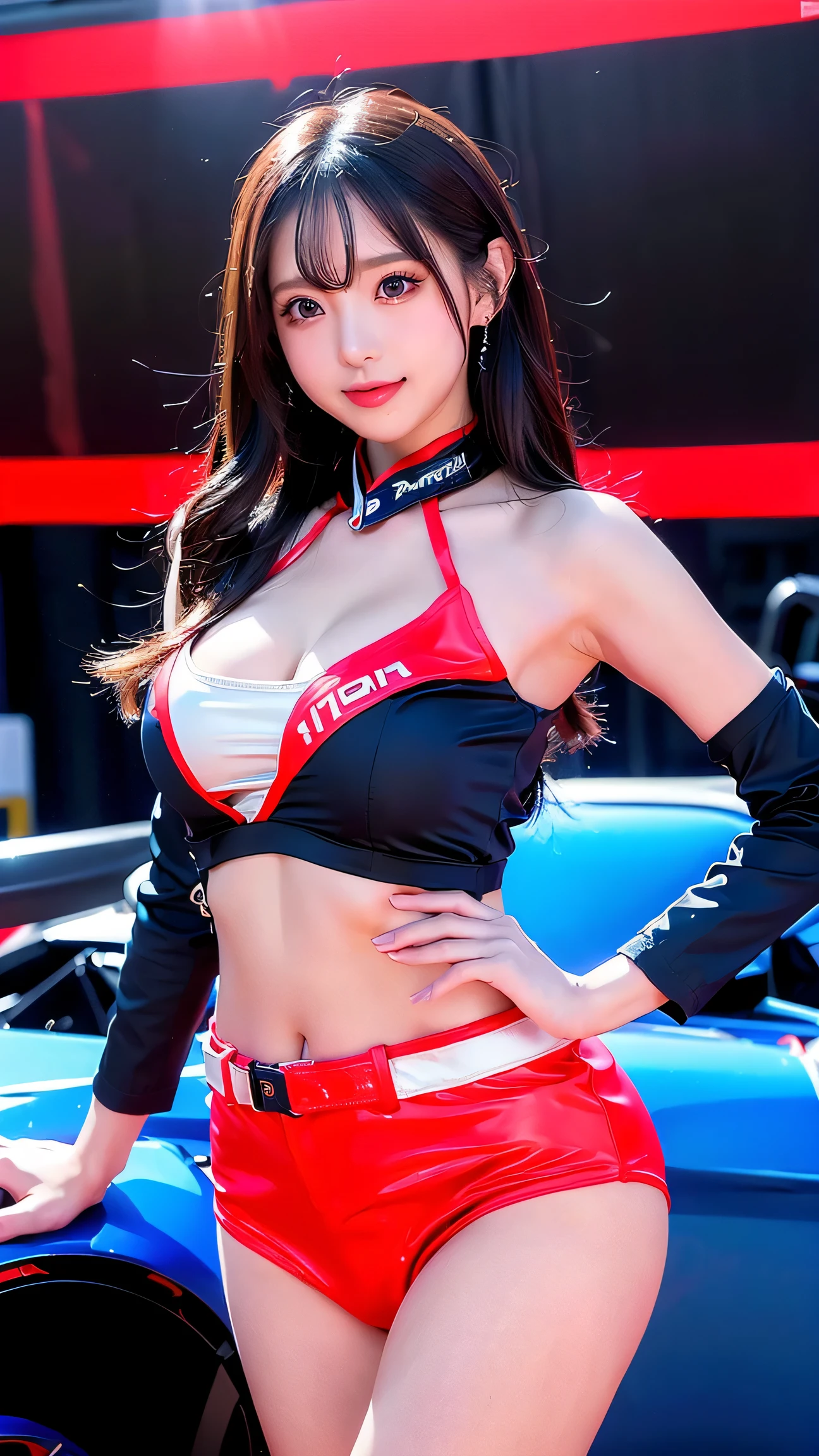 (masterpiece), ( MotoGP Racing Girls), (Eyeliner:0.5),(blush:0.5), Black Hair, A faint smile, Refers to a beautiful and delicate girl, Extremely detailed eyes and face, Beautiful and delicate eyes, , ((MOTOGP events)), (MotoGP track background), (best quality, high resolution, Reality, The original, 8K,masterpiece, ),(((Dynamic poses))),(((Midsection perspective))),(((Showing the underside of the chest ))),(((White Mini Skirt Lift))),(((Bare inner thighs))),(((Formula One cars on display))), (Vibrant colors:1.2), (Beautifully),